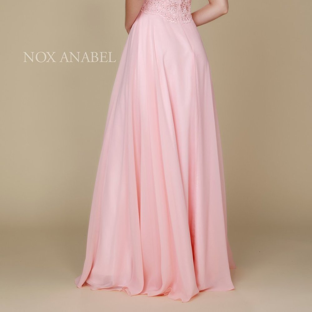 NEW LONG SLEEVELESS A-LINE CHIFFON DRESS EMBROIDERED WITH RHINESTONES NX Y009 - Picture 8 of 8